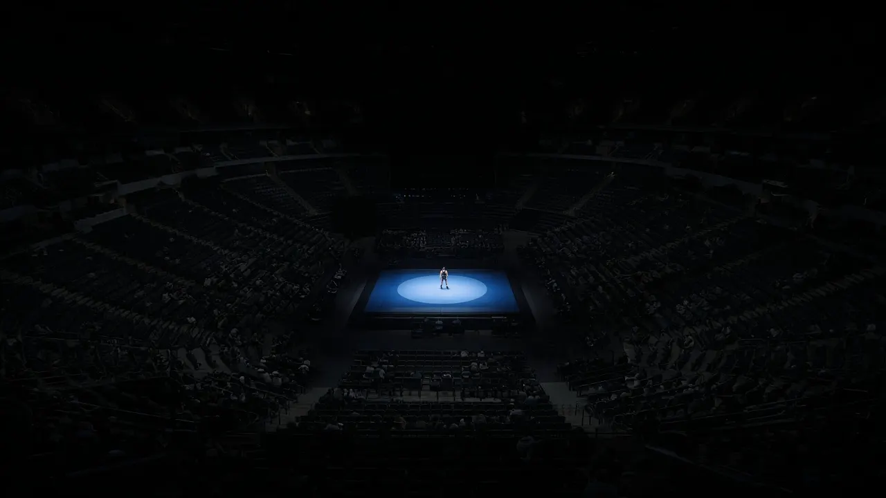 A wrestling arena at night, one pool of light on a mat far below.