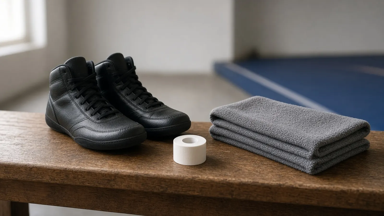 Wrestling shoes, tape and a towel on a bench beside the mat.