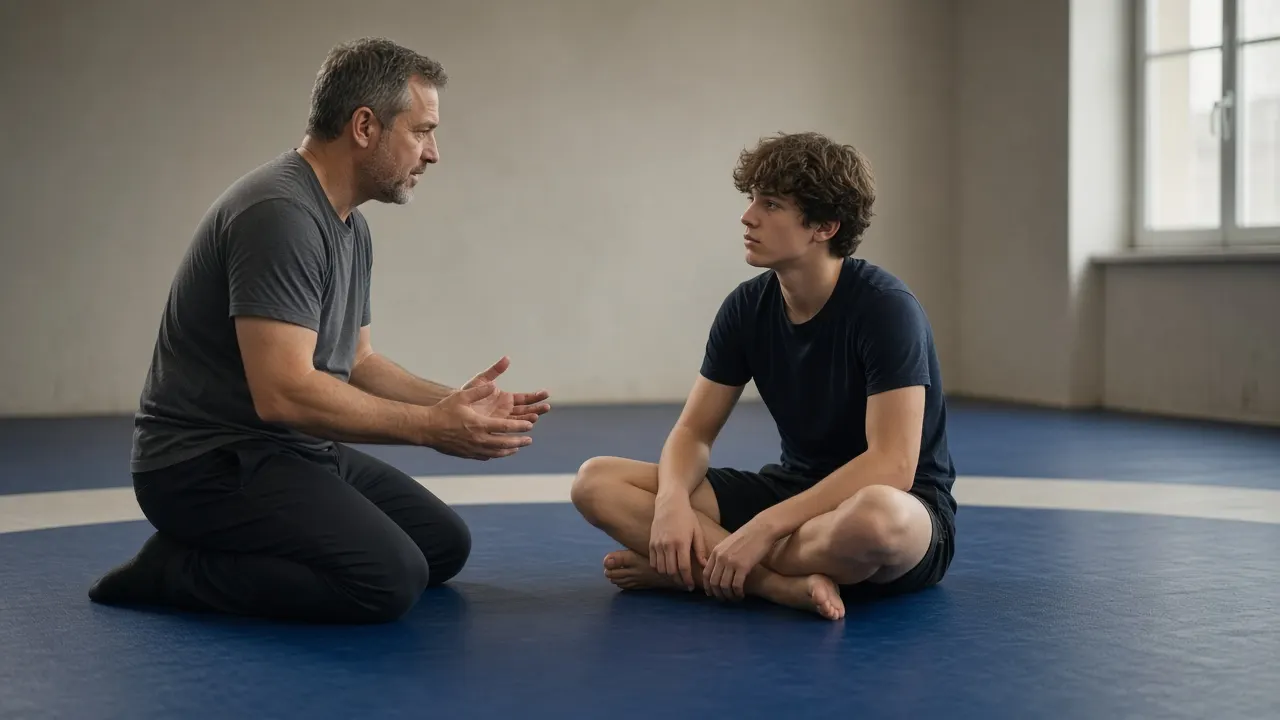 A coach kneels beside a seated wrestler on a blue mat in a quiet gym.