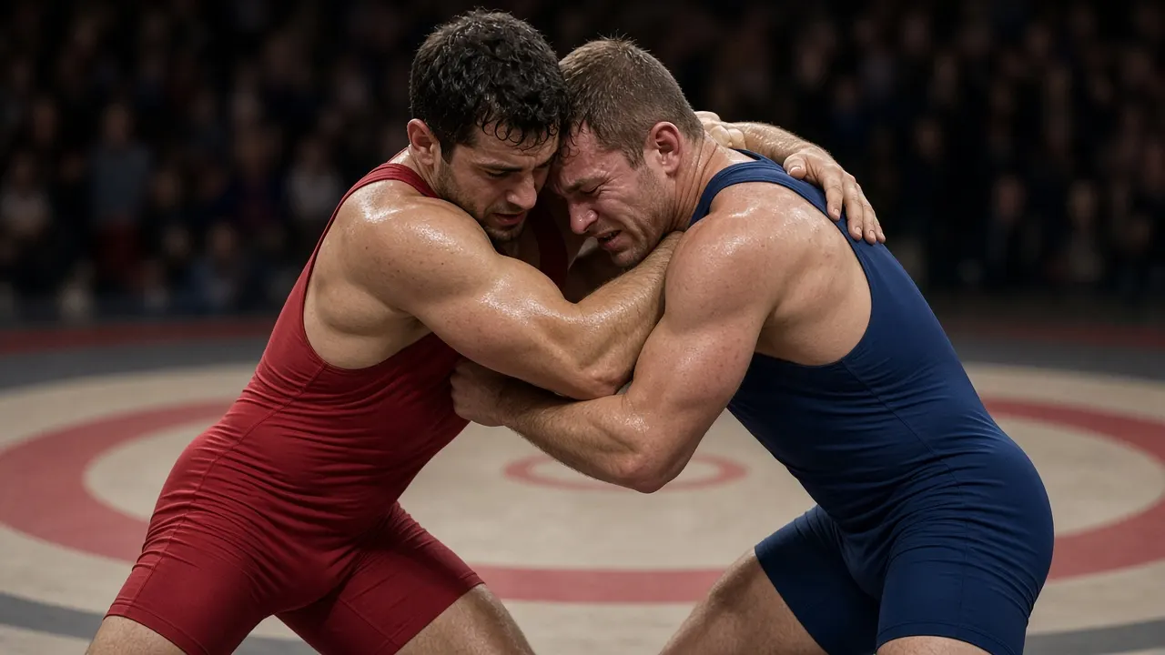 Two wrestlers press into a Greco-Roman clinch on a competition mat.