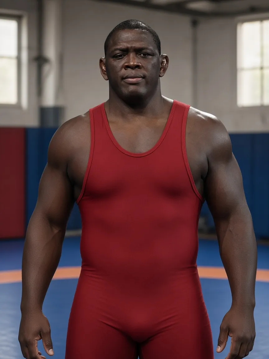Editorial portrait of a heavyweight wrestler in a plain red singlet on a blue mat.