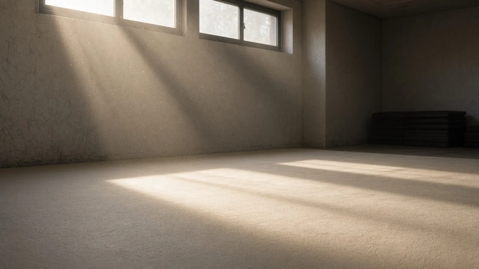 Morning light on an empty wrestling mat.