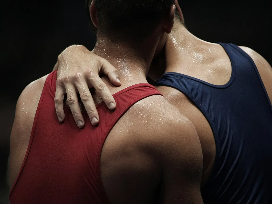 A hand rests on the shoulder of a wrestler in a red singlet.