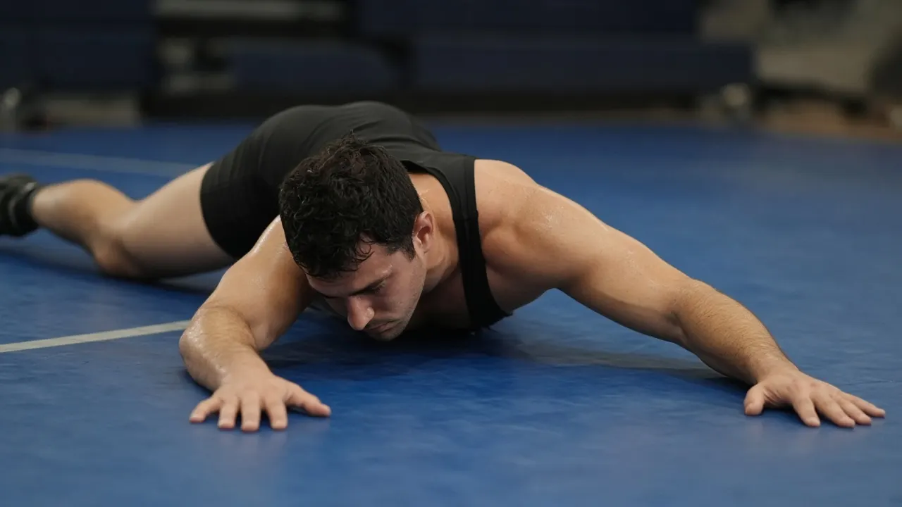 A wrestler sprawls alone on a blue mat during a drill.