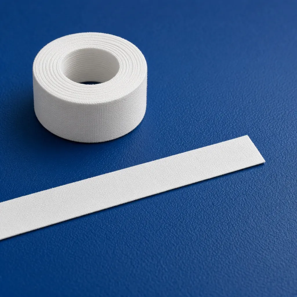 A roll of white athletic tape on a blue mat.