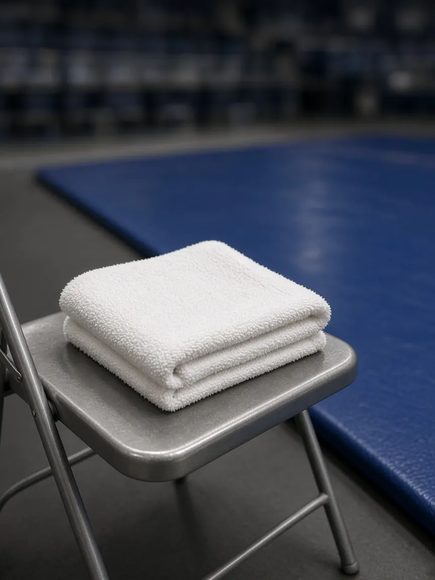 A towel on a chair at the side of a wrestling mat.
